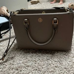 Tope gray Tory Burch bag with handles and strap small square tote.